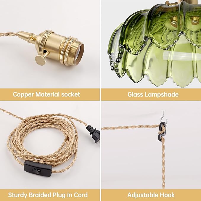Plug in Pendant Light Hanging Light Fixtures with Plugin Cord On/Off Switch,Green Scindapsus Glass Lampshade Brass Pendant Light
