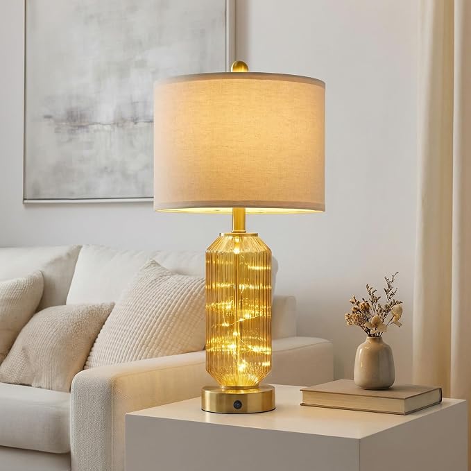 24.5" Bedside Table Lamps Set of 2, Amber Glass Nightstand Lamps with USB A+C Charging Ports and Night Light, Gold Modern Lamps for Bedroom, Living Room, End Table (2 Bulbs Included)