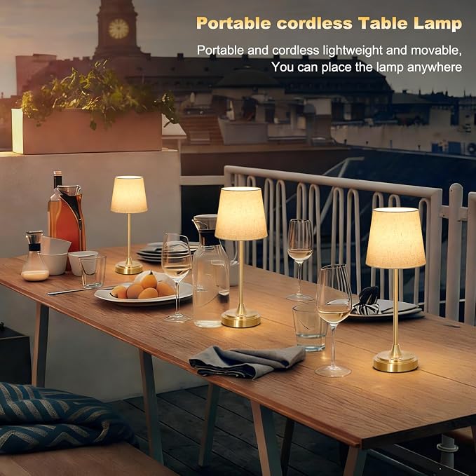 Wowag Cordless Table Lamp Rechargeable,5000mAh Battery Operated Desk Lamp,3 Colors & 7 RGB Stepless Dimmable,Touch Control Ambient Light for Bedside,Bedroom,Dining Room,Living Room,Gold,FlaxenShade