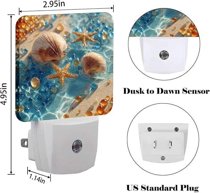 Starfish and Seashell On Beach Night Light,Plug-in Night Lights with Dusk-to-Dawn Sensor for Stairway,Hallway,Bedroom Sleep Friendly Ideal for Women/Girls/Boys Gift,0.5w