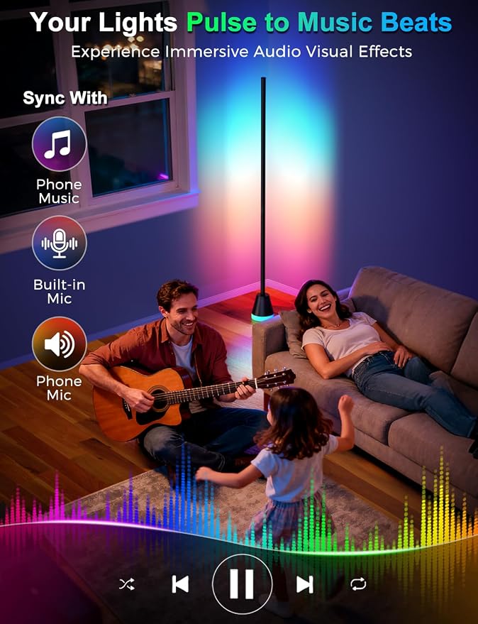 RGBICW Corner Floor Lamp, Modern LED Ambient Lighting, Jet Black | 16 Million Colors, Music Sync Lighting, 1800LM Brightness, with Smart APP/Remote Control, for Living Room Bedroom Gaming Room