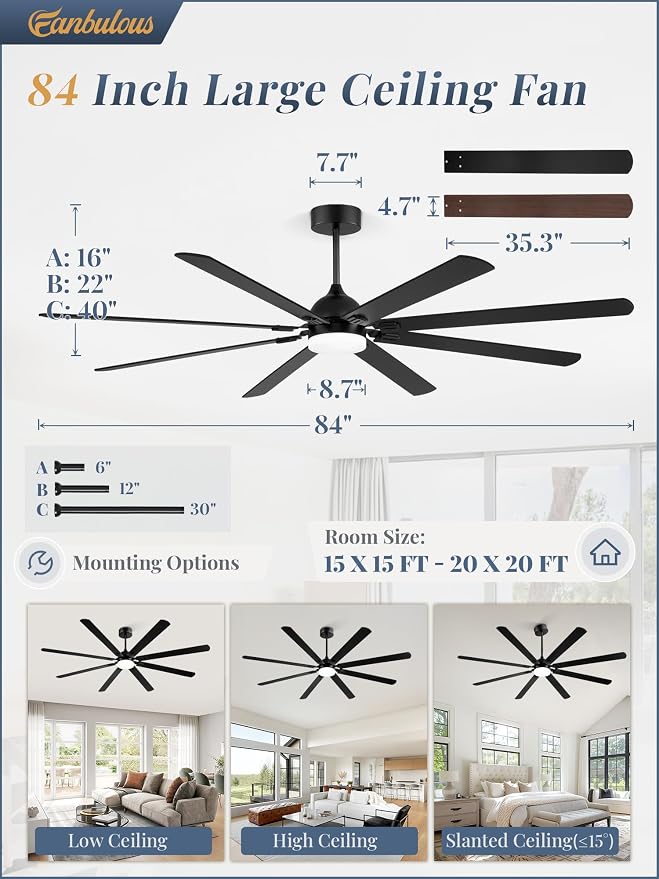 Fanbulous 84 Inch Outdoor Ceiling Fans with Lights,Black | Modern,6 Speeds,3CCT,Timer,Remote Control,Quiet Reversible DC motor,Large,8 Double-sided Blades,Easy Installation