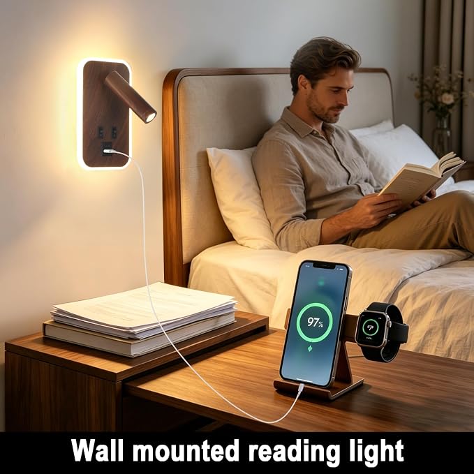 Wall Sconce Plug in with Wall Mounted Reading Lights with Switch | Wall Lights for Bedroom with USB C+A Ports, Bunk Bed Lights with 9W Night Light, Walnut Color Reading Light Adjustable Angle