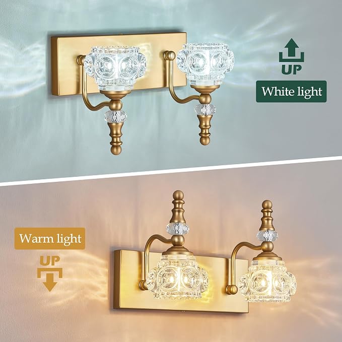 Modern Glass Crystal Vanity Light - Vintage Bathroom Lighting Fixtures Over Mirror, 2 Light Vanity Lights G9 Bulb (11.81 Inch,Brass)