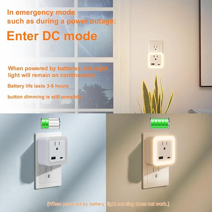 Night Lights Plug Into Wall 4 Pack Rechargeable Battery Backup Light | Dusk to Dawn Sensor Night Light with Outlet Expander for Adults Kids Bedroom, Kitchen, and Bathroom