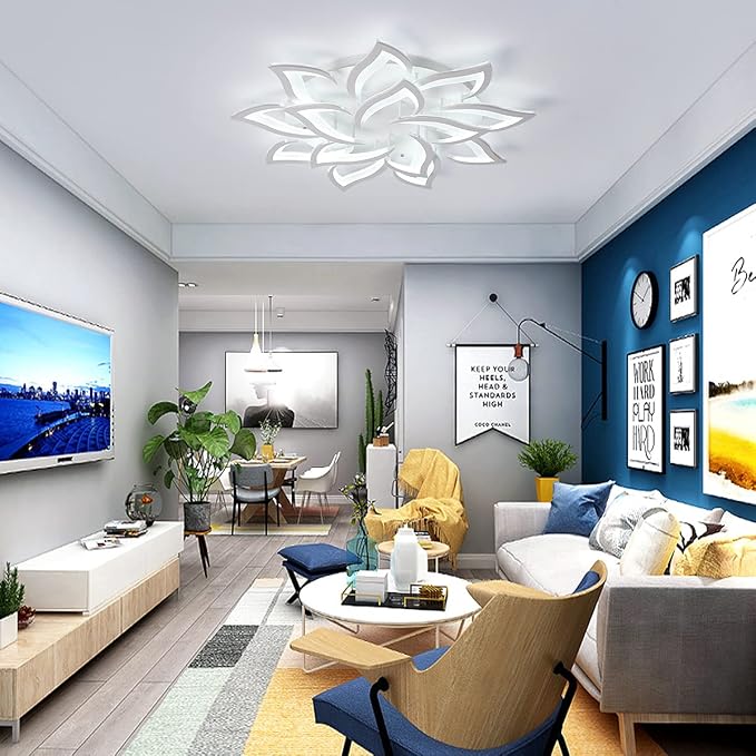 Garwarm 36" Modern LED Low-Profile Flush Mount Ceiling Light, Dimmable | White Acrylic 14-Petal Flower Ceiling Light with Remote, 3000K-6500K, Memory for Large Living Room, Bedroom and Dining Room