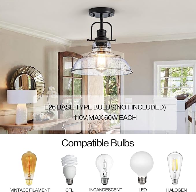 Zlepmlla Flush Mount Ceiling Light Fixture < Bulb NOT Included >, Black Metal Frame Ceiling Light Fixture with Seeded Glass, Farmhouse Light Fixture for Kitchen Island Entryway Porch Foyer