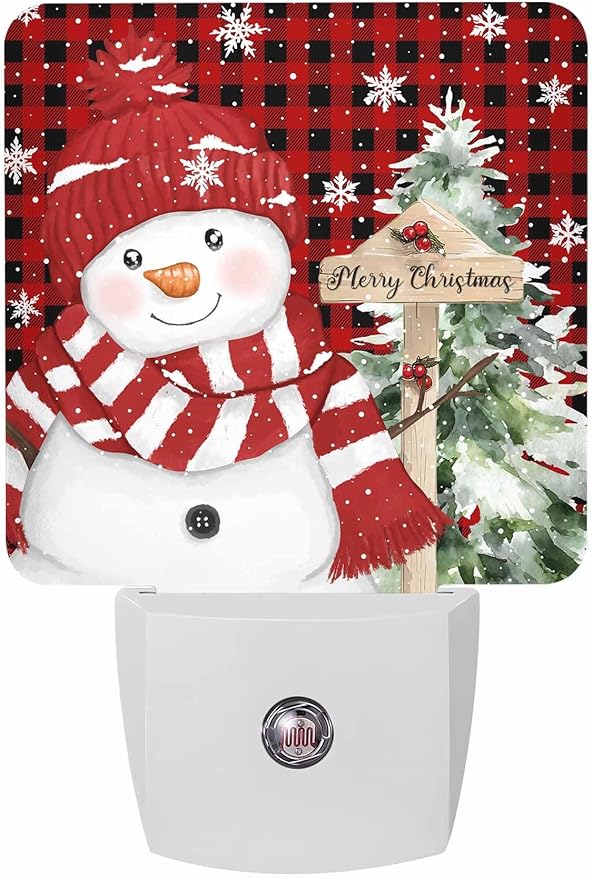 Christmas Night Lights Plug into Wall LED Night Light Snowman Snowflakes Winter Christmas Tree Plaid Automatic Dimmable Dusk-to-Dawn Square Shaped Smart Nightlight for Bathroom/Bedroom