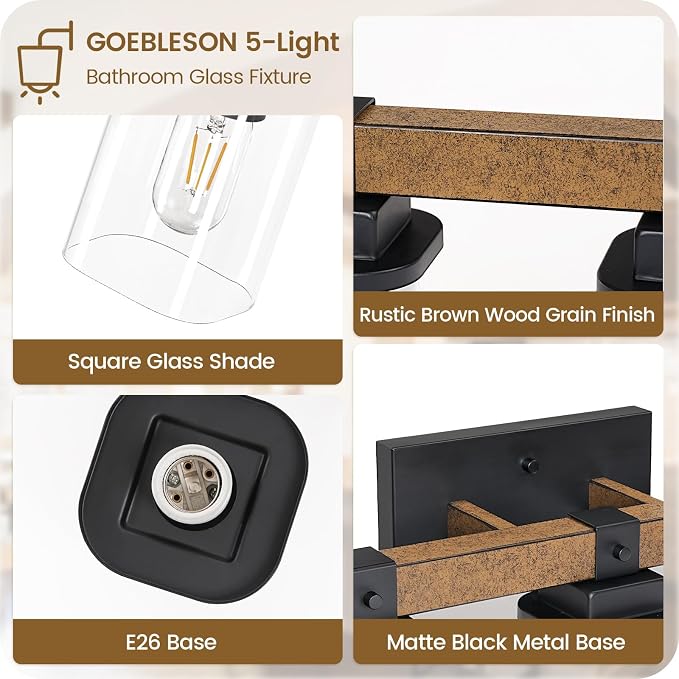 5-Light Bathroom Light Fixtures, Farmhouse Vanity Lights for Bathroom with Glass Square Shade, Rustic Vanity Lights, Sconce Wall Light, E26 Base (Bulbs Not Included), ETL Listed FS10BD05