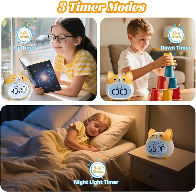 AVEKI Alarm Clocks for Kids - Cute Dog Clock with Night Light, 6 Alarm Tones, Snooze, Timer, Date and Temperature Display - Rechargeable Battery Operated Digital Clocks for Bedroom Kids Room (Corgi)