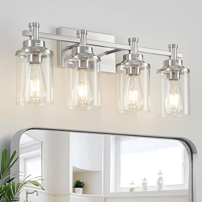 Brushed Nickel 4-Light Bathroom Vanity Light Fixtures Over Mirror, Modern Wall Sconce with Clear Glass Shade for Hallway