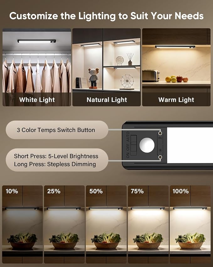 MCGOR 3 Pack 10inch Under Cabinet Lighting, Rechargeable Motion Sensor Light Indoor with 3 Color Temps, Dimmable Magnetic Led Closet Lights, Wireless Under Counter Lights for Kitchen, Stairs,Black