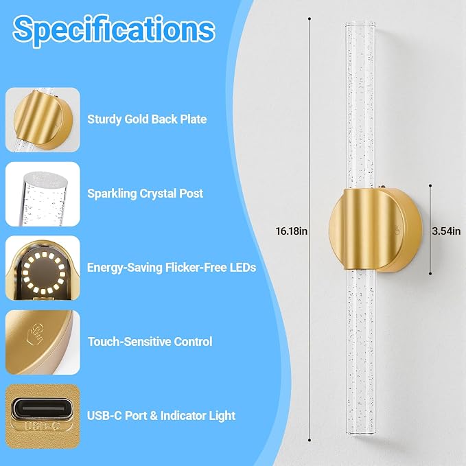 Peel and Stick Gold Rechargeable Magnetic Wireless Wall Sconces Set of 2 | Linear Wall Lights with Remote and Touch Control, 3CCT and Dimmable Battery Operated Wall Lamp for Bedroom Living Room