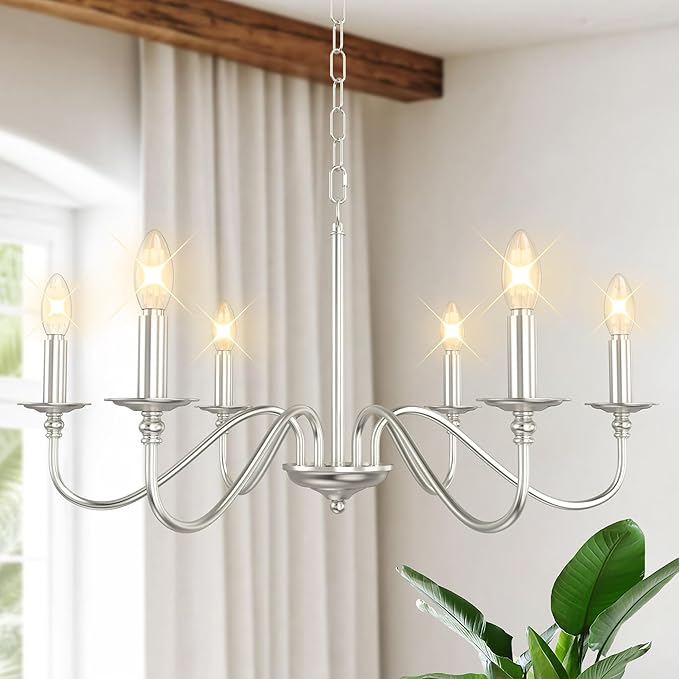 6-Light Farmhouse Chandelier 28'', Rustic Industrial Kitchen Island Pendant Lighting Fixture, Vintage Candle Ceiling Light for Dining Room, Living Room, Entryway, Bedroom-Brushed Nickel