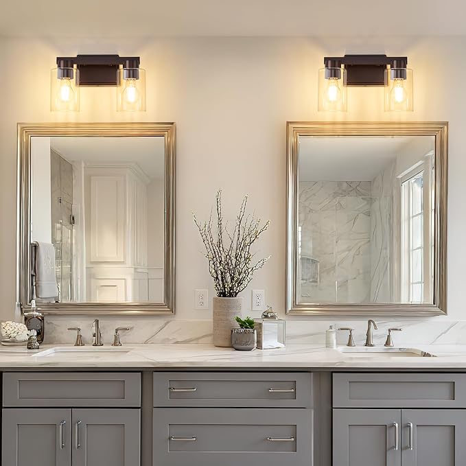 2-Light Bathroom Light Fixtures with Clear Glass, Oil Rubbed Bronze | Vanity Lights, Modern Wall Sconces, Over Mirror for Bathroom, Powder Room, Living Room