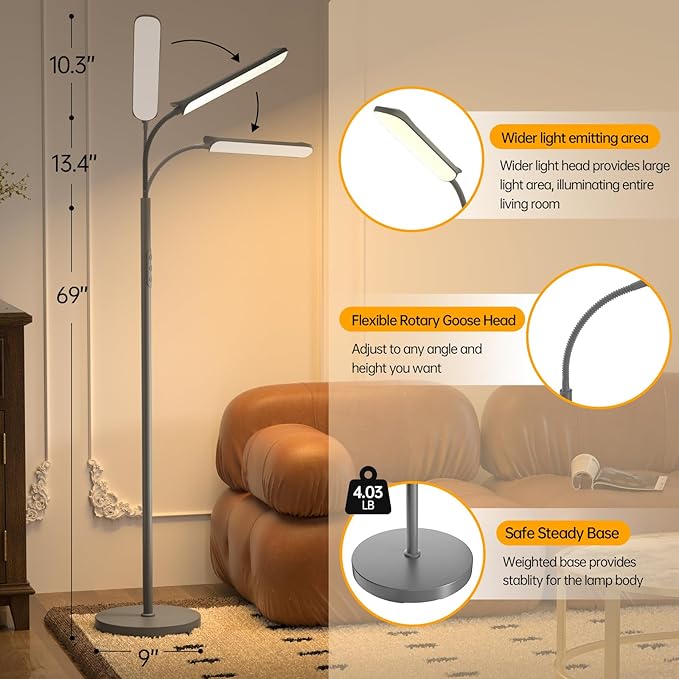 LED Floor Lamp, 18W Super Bright Floor Lamp for Living Room, Adjustable Stepless Colors & Brightness Standing Lamp, Eye Caring Reading Light with Remote& Touch Control for Bedroom Office