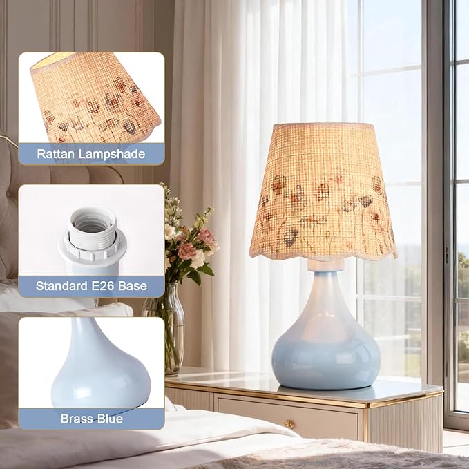 Ziqqeelam Blue Small Bedside Cute Table Lamp for Bedroom, Table Lamps for Nightstand, Scalloped Rattan Shade Table Lamps for Small Spaces for Bedroom, Home Office, Living Room