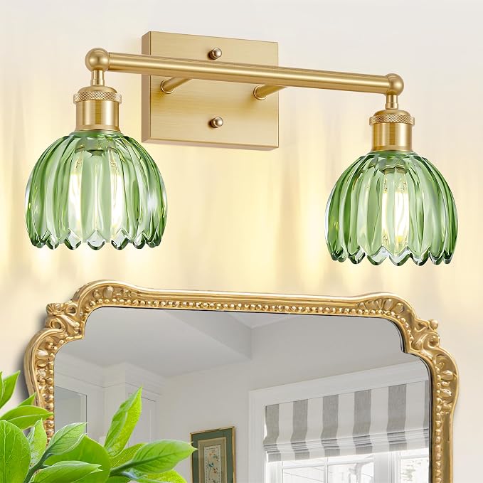 Bathroom Lights Over Mirror,2-Light Vintage Vanity Light Fixtures,Retro Brass Bathroom Light, Flower Wall Sconce With Green Tulip Glass Shade For Bedroom, Living Room, Dressing Table, E26 Base