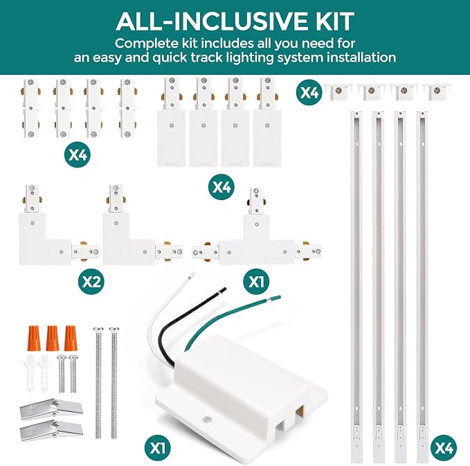 H Track Lighting Rails Kit - iCreating 13ft White Track Light Tracks 3 Wire with Floating Canopy Connector, I and L Connectors for Single Circuit H Type LED Tracks Lighting Heads Fixtures