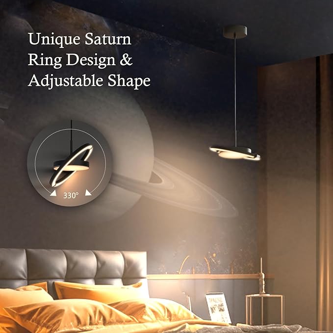 FIMEI LED Saturn Pendant Lights, 3000-6000K Dimmable Adjustable Hanging Chandelier Saturn Ring Design for Dining Room Kitchen Island Entryway Bedroom Foyer Black (Black, 2)