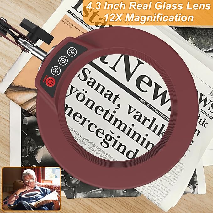 12X Large Magnifying Glass with Light and Clamp, Real Glass, 5 Color Modes, Stepless Dimmable, 2 x 16 Inch Adjustable Swing Arm Stand Desk Lamp, LED Lighted Magnifier Hands Free for Close Work - Red