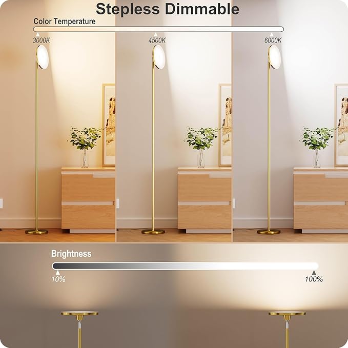 Dimmable Floor Lamp with Remote，Floor Lamps for Living Room Bedroom Office，Adjustable Brightness (10%-100%) and Color Temperature (3000k- 6000k)，Standing Lamp Tall Lamp with Foot Switch (Gold)
