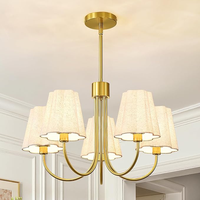 RUIYEY Modern Dining Room Chandelier - 23" 5-Light Black Chandeliers Over Table with Fabric Shades, Adjustable Hanging Dining Room Light Fixture, E12 Hardwired Ceiling Light for Bedroom Living Room