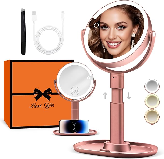 Makeup Mirror with Lights, Lighted Magnifying Mirror 30X with 3 Lighting and Adjustable Brightness, 2-Sided Height Adjustable Vanity Mirror for Bathroom, Gifts for Women Rose Gold
