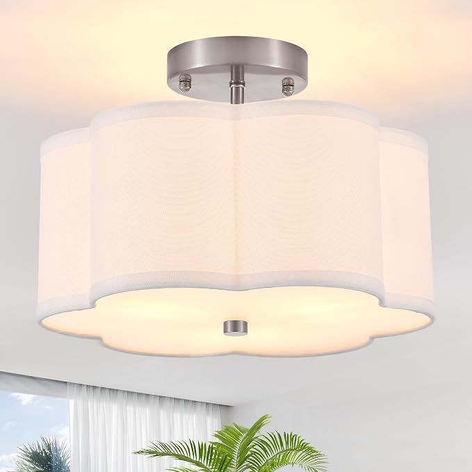 12.9" Chrome Semi Flush Mount Ceiling Light, Linen 3-Light Fixture | White Linen Petal Shade, Modern Chrome Style For Bedroom, Hallway Kitchen, Basement, Bedroom,Laundry; Close-To-Ceiling, E26