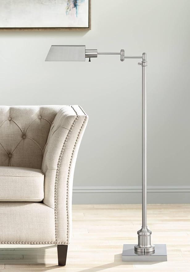 Jenson Brushed Nickel Adjustable Swing Arm Pharmacy 54" Tall Floor Lamp | Traditional Farmhouse Light Standing Base Silver Metal for Living Room Reading House Bedroom Home Office
