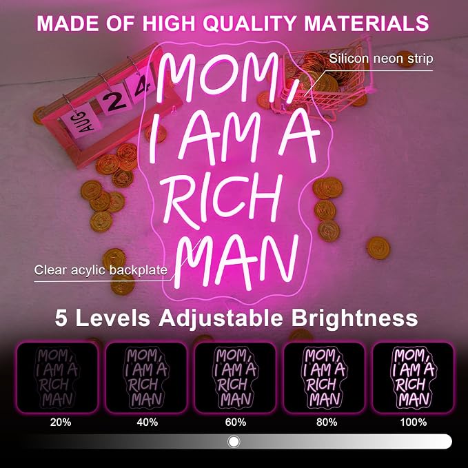 Lucunstar Mom I Am A Rich Man Neon Sign Pink Neon Signs for Wall Decor Pink LED Light for Bedroom Decor USB Connectivity Led Neon Signs for Home Boys Room Man Cave Gifts for Teens
