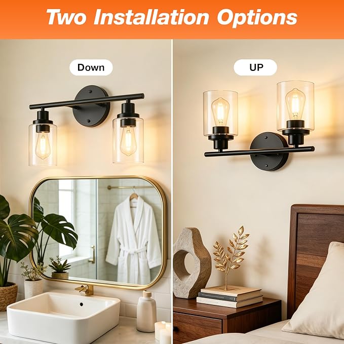 LEDVANCE Sylvania Modern Bathroom Light Fixture with 2 Clear Glass Shades, Iron with Black Finish, E26 Medium Base, Vanity Lights for Bathrooms, Foyers, Entryways - 1 Pack (67971)