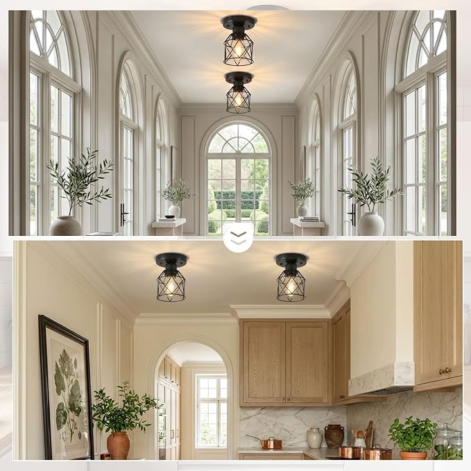 2-Pack Farmhouse Semi Flush Mount Ceiling Light Fixture, E26 Rustic Black Metal Cage Ceiling Lamp for Hallway Porch Kitchen Stairway Bedroom Entryway