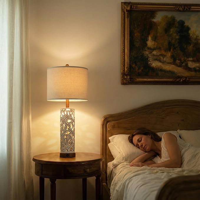 2-in-1 Light Table Lamp Set of 2 for Living Room, 28.5" Farmhouse Bedside Lamps with USB Charging Port, Main&Night Light & Dual Switches, Nightstand Lamp for Bedroom Home Office(Bulb Included)