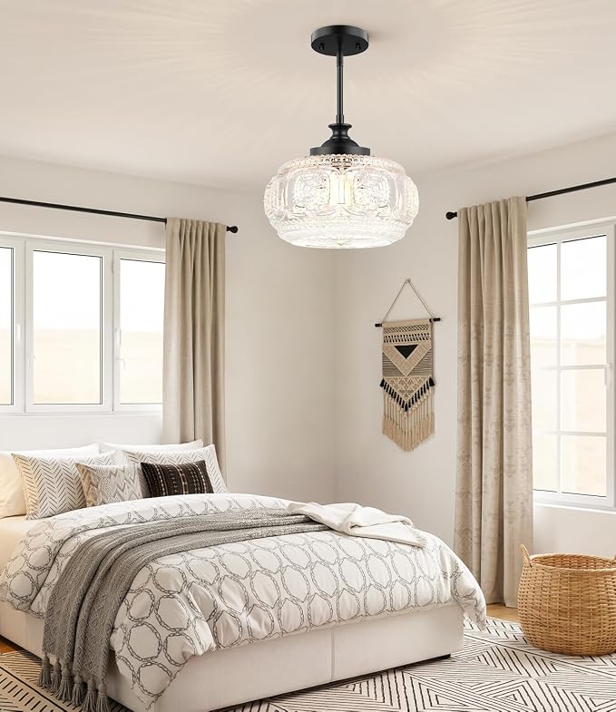 Semi Flush Mount Ceiling Light, Pendant Lights Kitchen Island | 12" Large Glass Shade, Modern Pendant Light Adjustable Hanging Light for Kitchen Island Dining Room Bedroom Hallway Bathroom