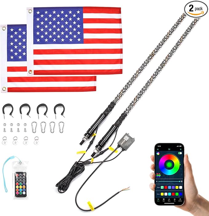 KEMIMOTO 2pc 4ft Bluetooth LED Whip Lights for UTV, Turning Signal Function Compatible with Polaris RZR Can-Am Maverick X3, App & RF Remote Control LED Light Whip for SXS ATV Buggy Boat Offroad
