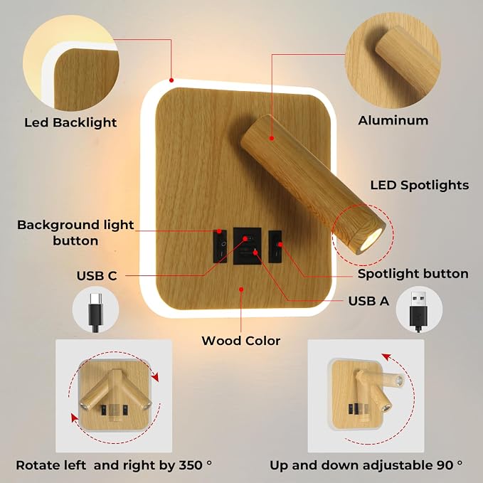 Wall Mounted Reading Lights with Plug in Wall Sconce&Hardwired | Wall Lamp for Bedroom With USB C+A Ports, Bedside Reading Lamp with 9W Night Light, Wood Color Reading Light Adjustable Angle