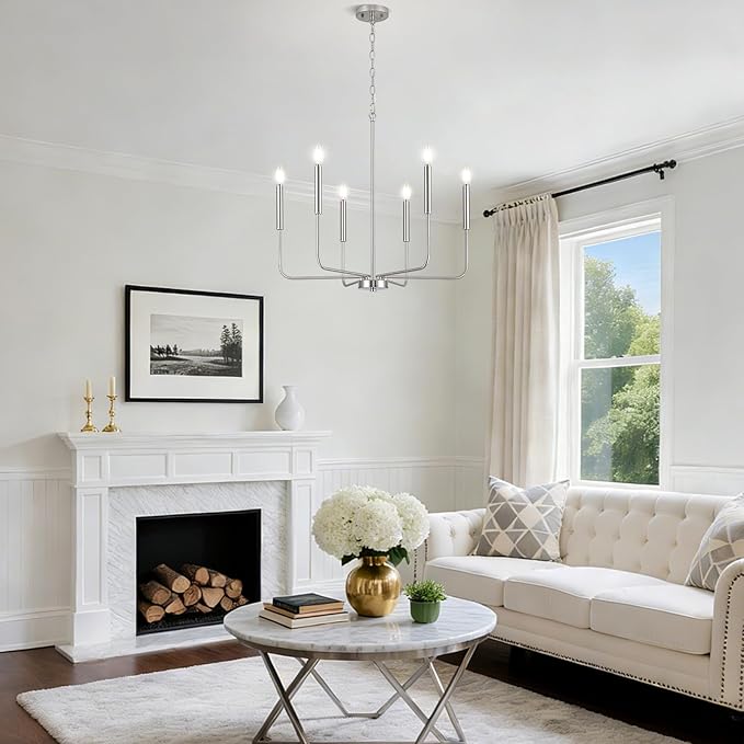 Modern Brushed Nickel Chandelier for Dining Room, Metal 6-Light Kitchen Light Fixtures, Farmhouse Candle Hanging Pendant Light for Living Room Entryway Foyer Bedroom (Bulbs Not Included)
