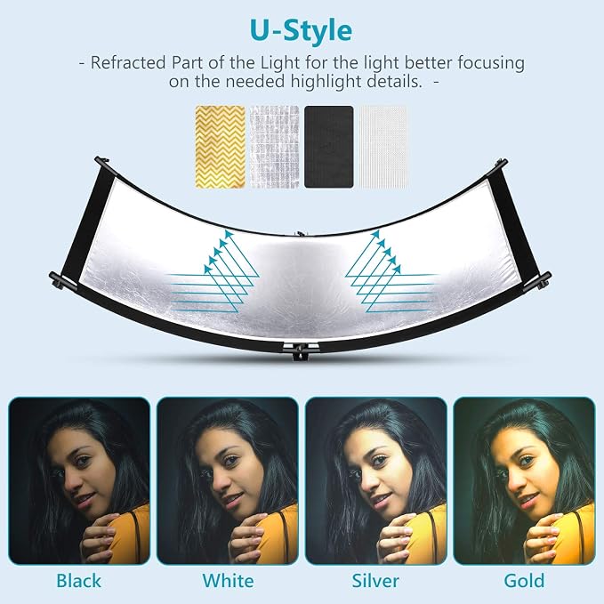 Neewer U-Type Light Diffuser Reflector for Studio and Photography Situation with Carrying Case, Arclight Curved Reflector 167 x 61 cm in Black/White/Gold/Silver (Light Stand Not Included)