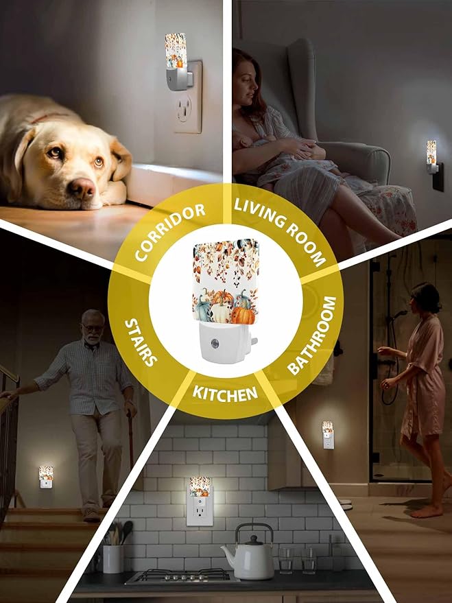 Fall Night Lights Plug into Wall LED Night Light Thanksgiving Watercolor Pumpkin Leaf Vintage Automatic Dimmable Dusk-to-Dawn Square Shaped Smart Nightlight for Bathroom/Bedroom