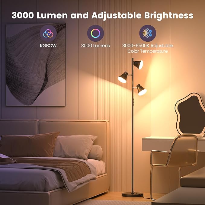 36W LED Tree Floor Lamp, Dimmable Tall Standing Lamp with Remote & Touch Control, 4 Color Temperatures Bright Floor Lamp, 3 Rotatable Light Modern Floor Lamps