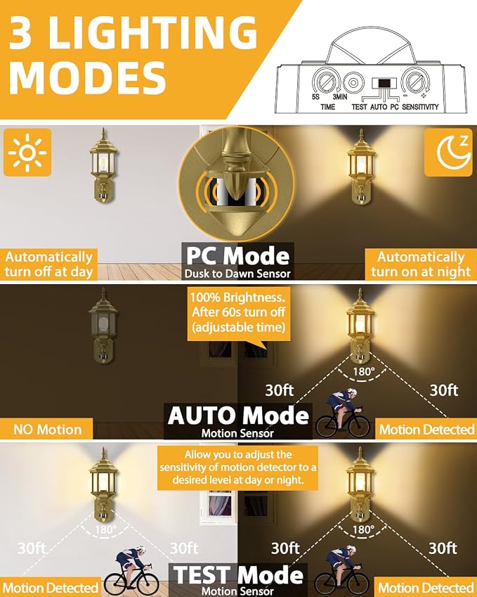 Redluck Motion Sensor Outdoor Lights, 2 Pack 16 inch Dusk to Dawn Outside Porch Lights, Waterproof Anti-Rust Aluminum Outdoor Wall Lights Exterior Lighting Fixtures for House, Garage, Front Door, Gold