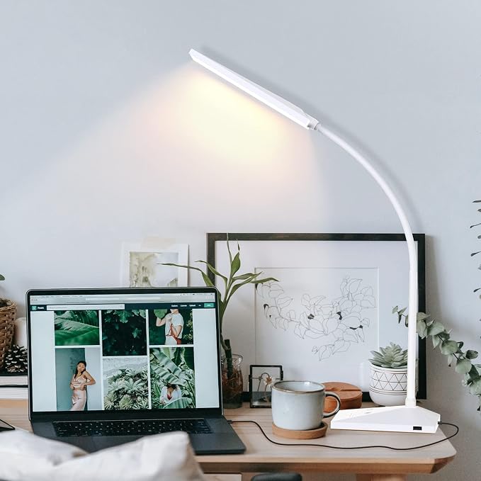 LED Desk Lamp, 12W Dimmable Table Lamp Eye-Caring Reading Light with USB Charging Port Touch Control 5 Color Modes 7-Level Brightness Adjustable for Office Home Bedroom (White)