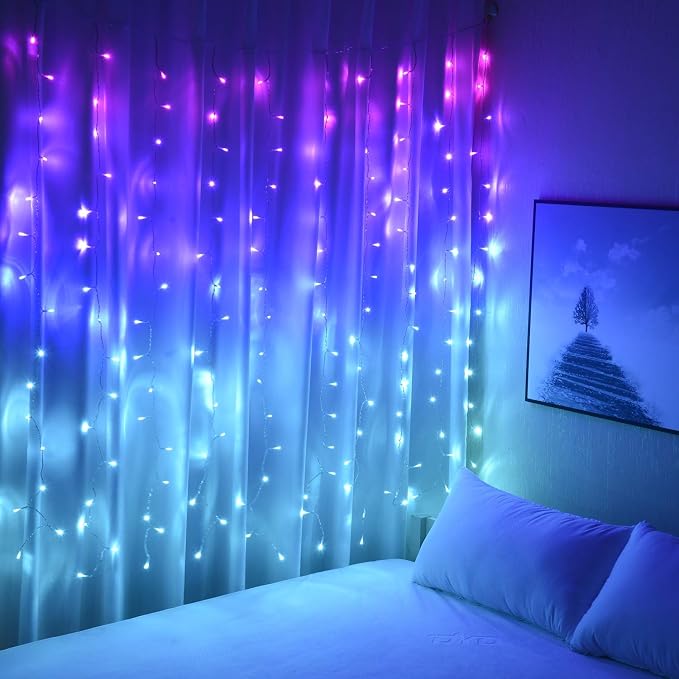 Curtain Lights Pink Blue Purple Fairy Lights for Bedroom Wall Hanging for Teen Girls Unicorn Mermaid Under The Sea Ocean Nautical Beach Themed Room Decor (Purple Blue Ombre)