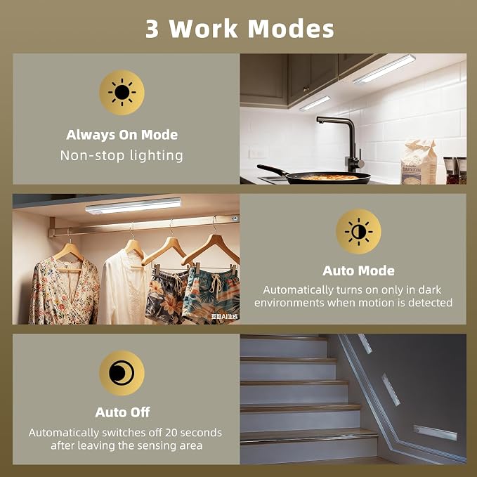 12 inch Dimmable Under Cabinet Lighting, 50 LED Rechargeable Battery Motion Sensor Light Indoor, Stick On Magnetic Closet Lights, Under Counter Lights for Kitchen, Stairs, White Light 5 Pack