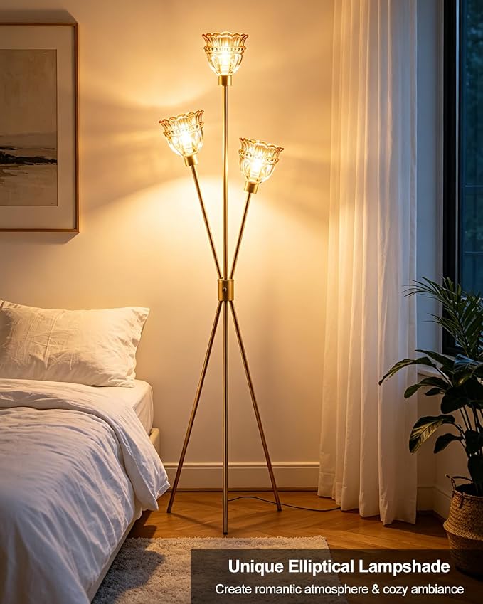 Lightdot 3-Lights Glass Tripod Floor Lamp Gold Dimmable Floor Lamps with 3000K Warm White Bulbs for Wedding Party 62IN Tall Standing Lamp with Amber Glass Shade for Living Room/Bedroom/Home Decor