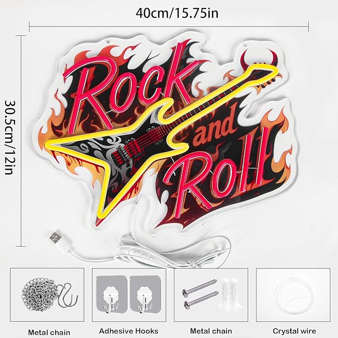 Guitar Rock Roll Neon Sign Music Guitar Neon Light Dimmable Led Music Sign for Wall Decor Guitar Gifts for Bar Live Vocal Recital Concert Classroom Man Cave