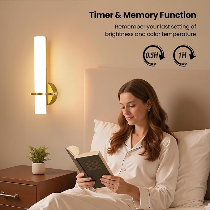 AIJIASI Battery Operated Gold Wall Sconces - 15 Inch Modern Sconce Wall Lighting 3000K-6000K Dimmable LED Wall Sconces Set of Two, Indoor Bathroom Sconce for Living Room Bedroom Hallway Stairway