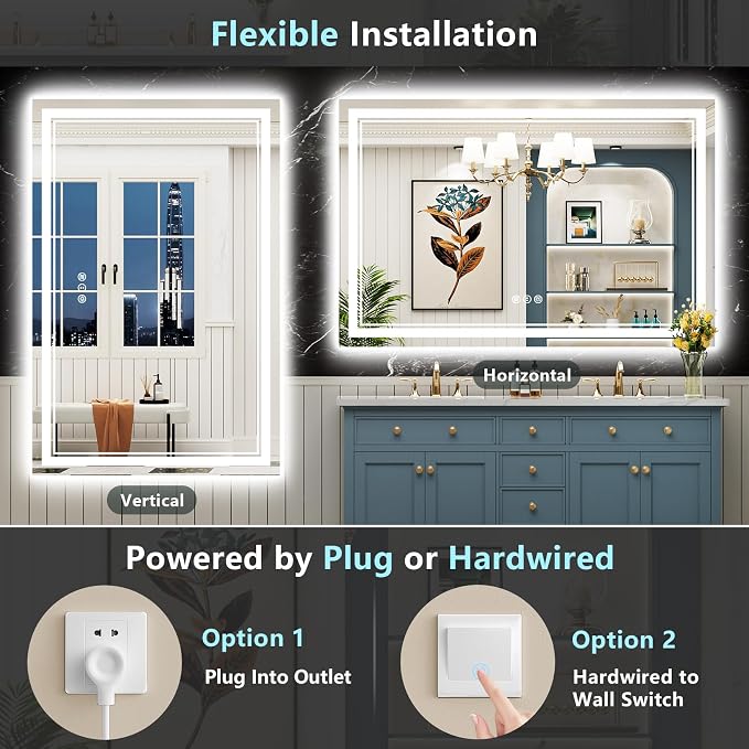 55x30 LED Bathroom Mirror, Backlit & Front Lit Lighted Mirror | Anti-Fog Vanity Mirror with Lights, 3 Color Dimmable, Memory, Shatterproof, Tempered Glass, CRI95, UL Listed, Wall Mounted