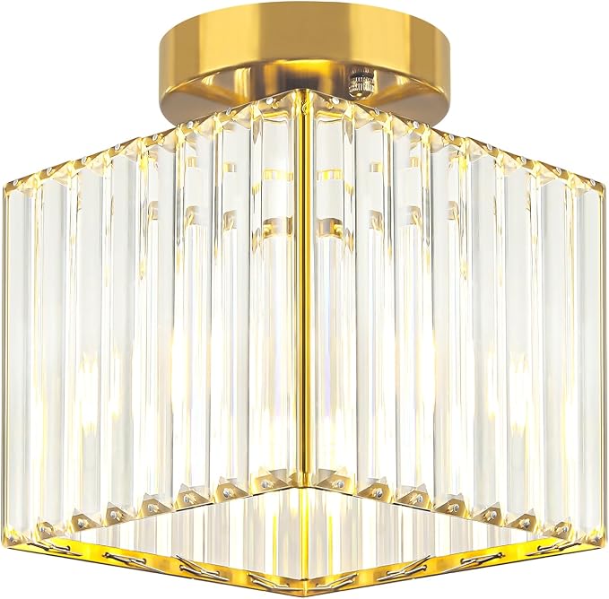Modern Brushed Gold Hallway Entryway Light Fixtures Crystal Ceiling Lamp | 2-Pack, 7.24 Inch, E26 Dimmable, Bathroom Bedroom Semi Flush Mount Ceiling Light, Kitchen Dining Room Foyer Light Fixtures